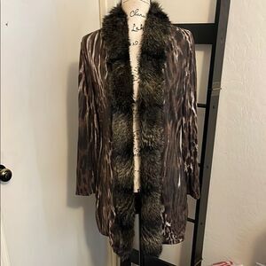 Vintage Alberto Makali Leopard Print Faux Fur Trim Open Style Cardigan Sweater